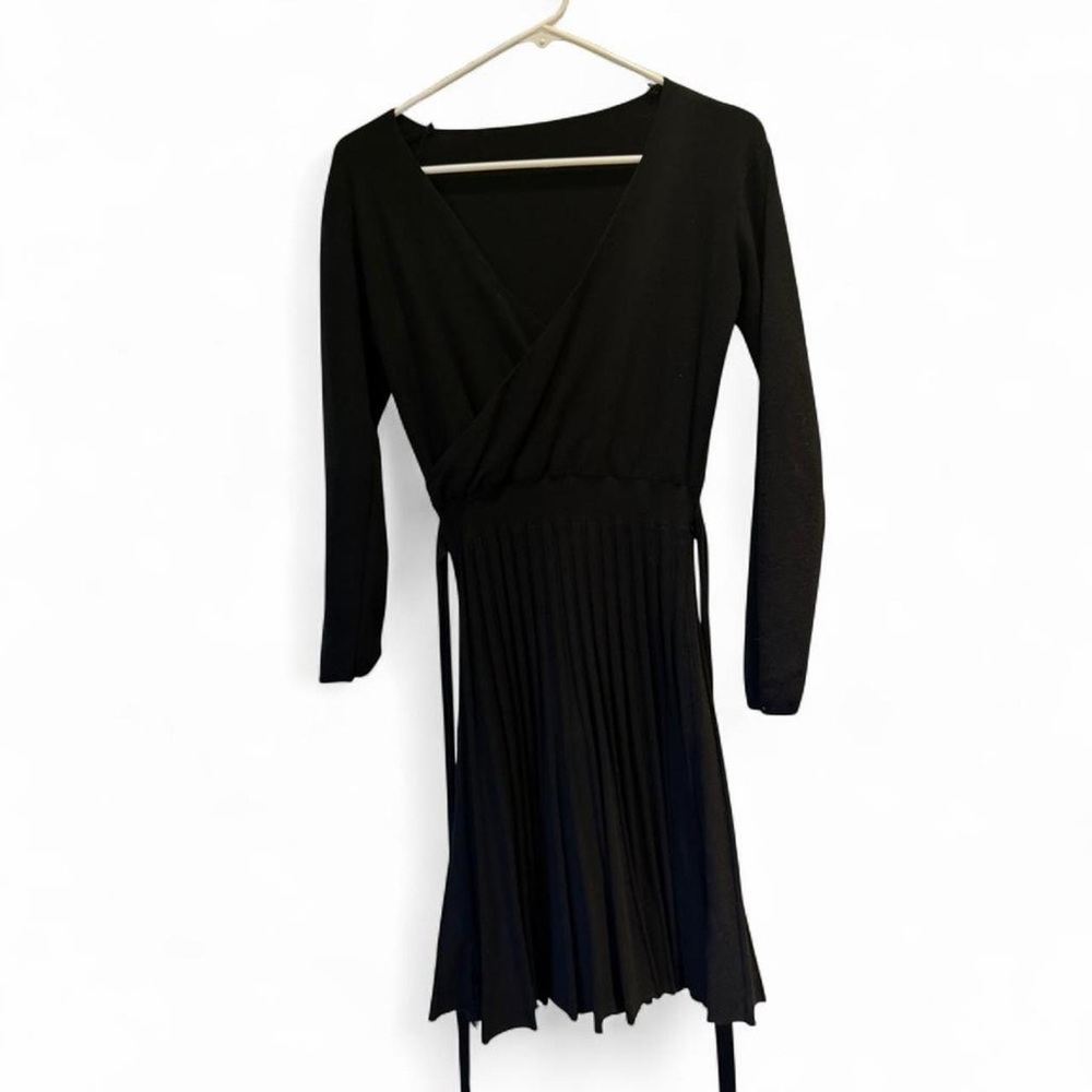 Black Long-Sleeve Wrap Pleated Dress